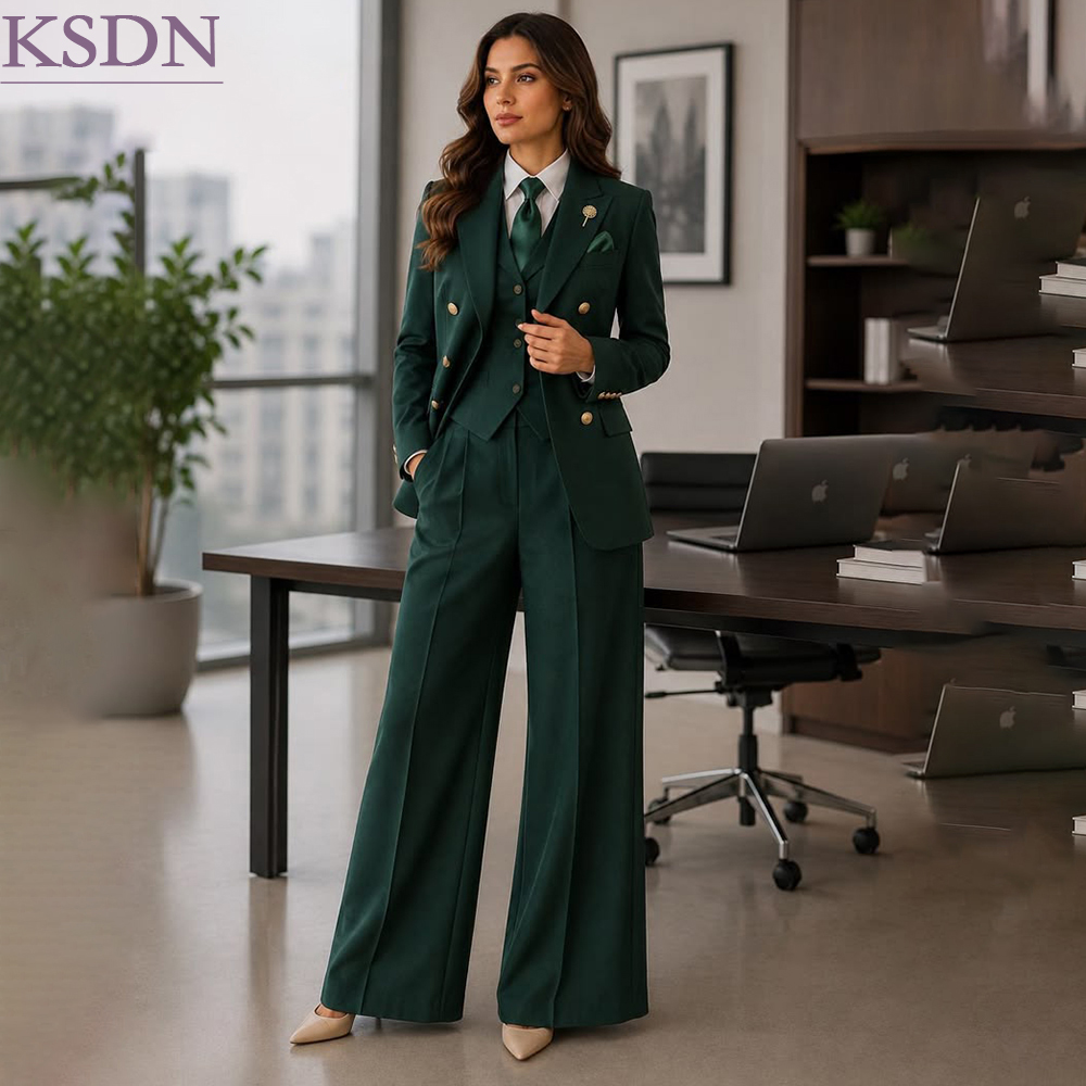 Double Breasted Blazer - Conjuntos femininos formais verdes para negócios,