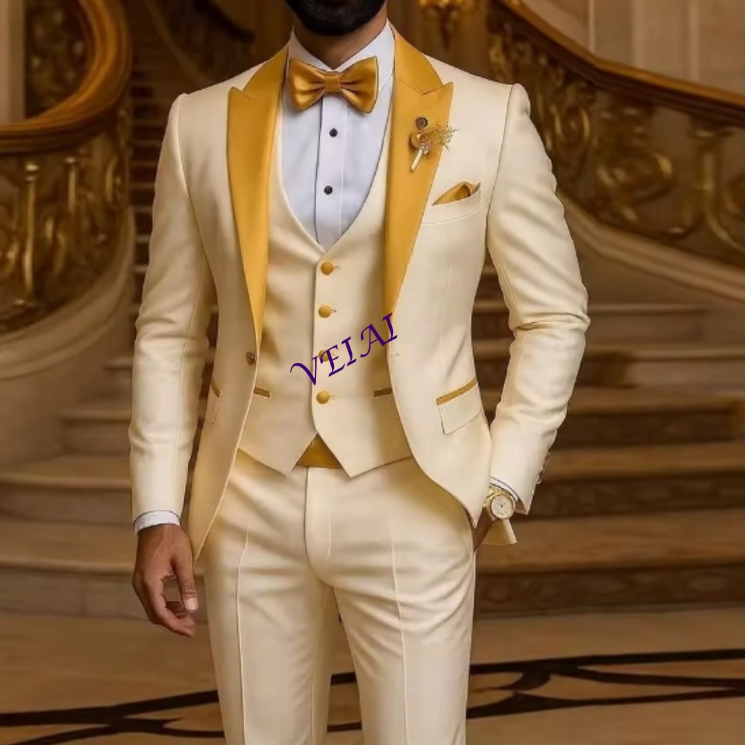 Men Formal Wear Wedding - Personalizado gola dourada marfim terno masculino