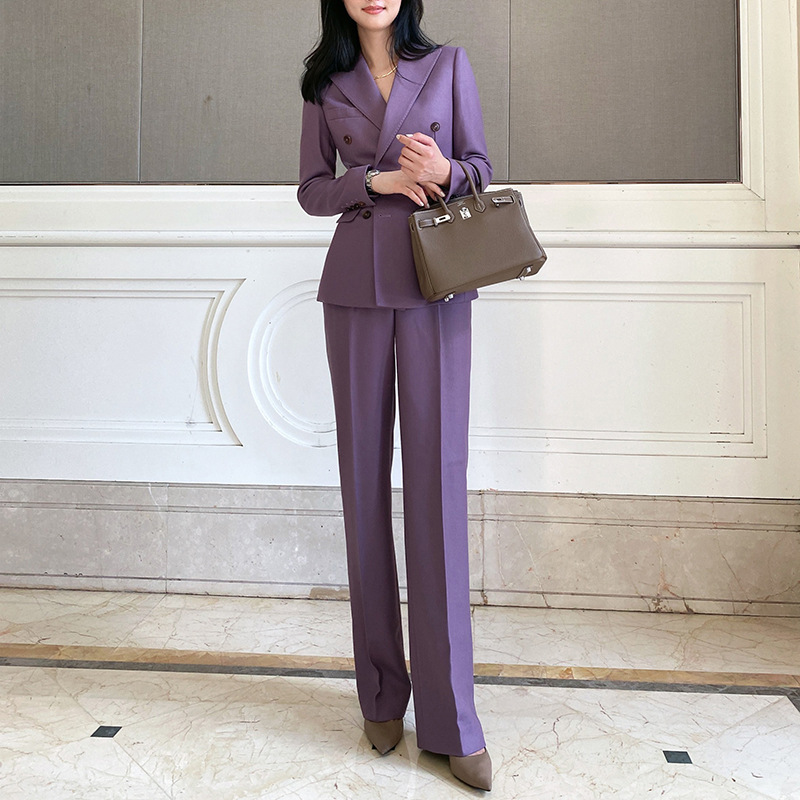Double Breasted Blazer - Conjunto de Calças Femininas Allingentle Roxo,