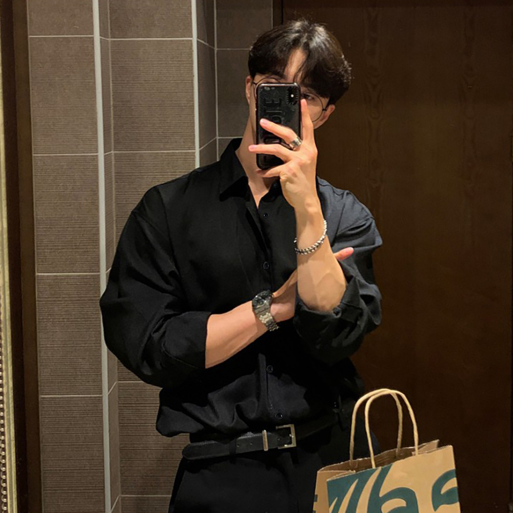 Camisa masculina de manga comp - Men Formal Office Wear Shirts avaliação e preço